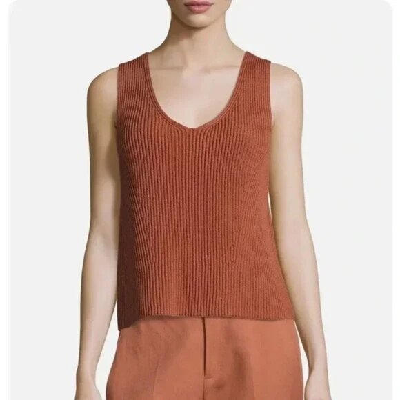 Vince Burnt Red Terra Cotta Rib-Knit Cotton Blend Thick Tank Top - Picture 10 of 10